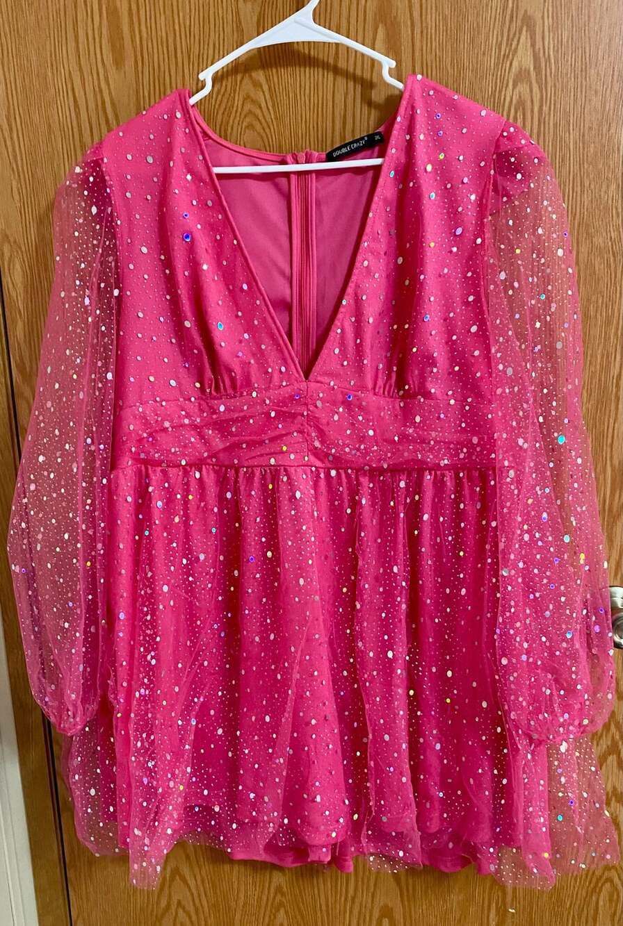 Double Crazy Sequin Mesh Dress 2XL Pink V-Neck Long Sleeve